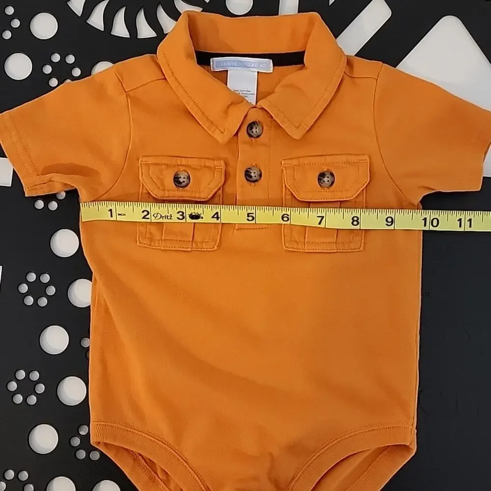 Janie and Jack Tea Collection Romper Shorts Orange Khaki Blue Bundle 6-12 Months